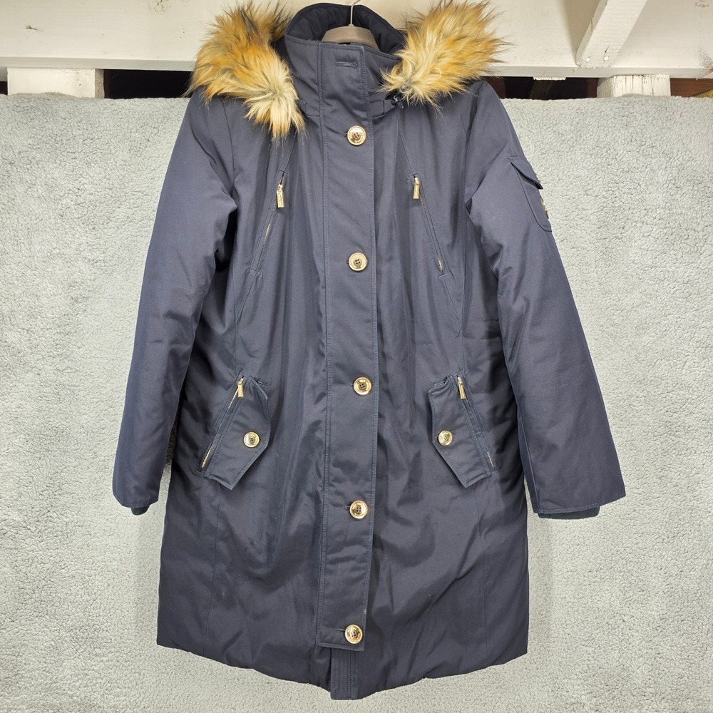 Michael Kors‎ Womens Navy Blue Down Faux Fur Hood Parka Coat Jacket Large